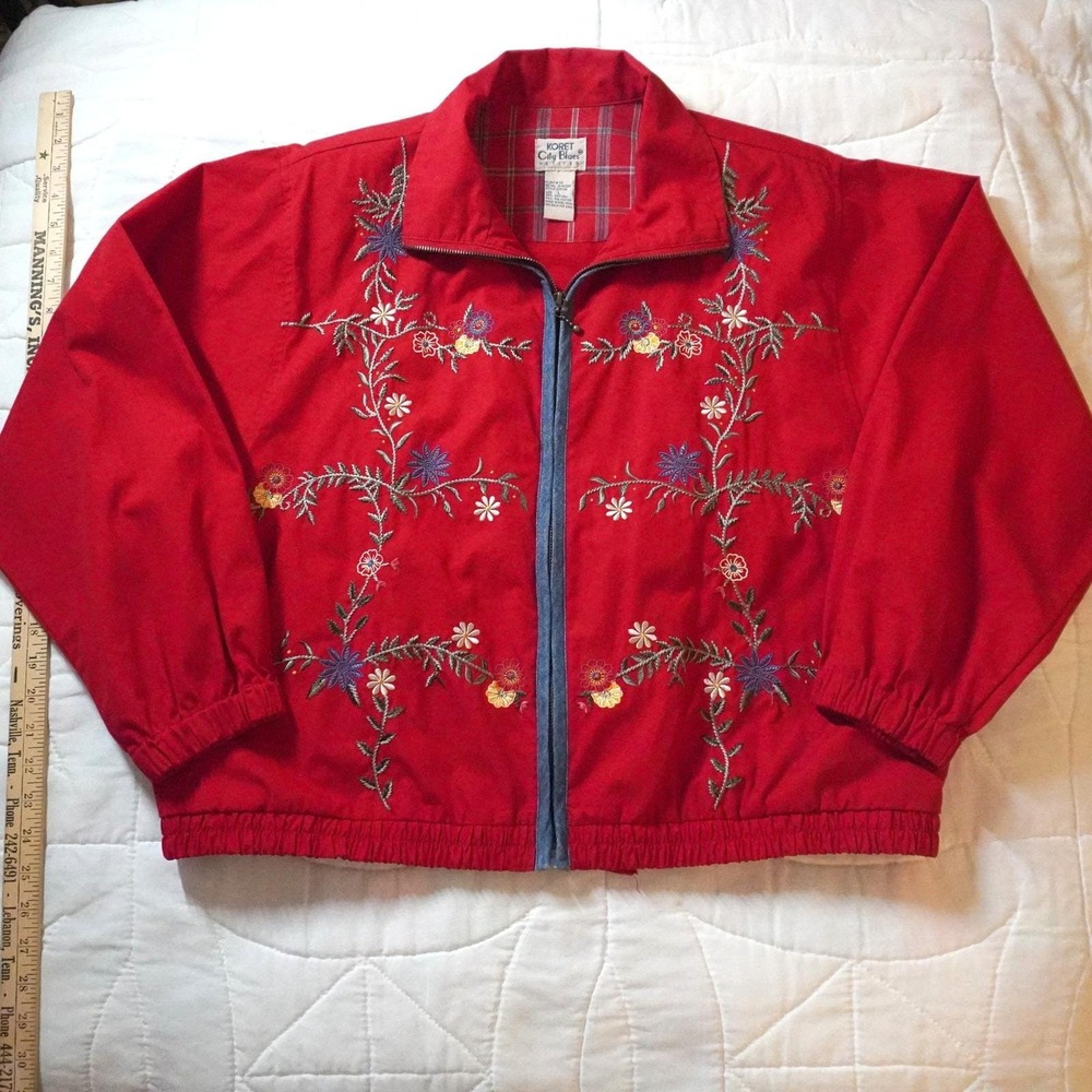 VTG Koret City Blues Petites LG Red Embroidered Floral Zip Jacket Cottage Granny